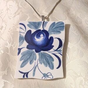 Blue Floral Mosaic Tile Pendant Necklace With 925 Sterling Silver Chain